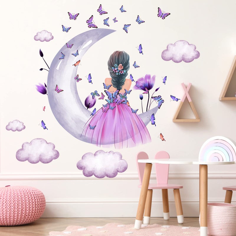 Aurbhosa Baby Girl Wall Decals Purple Flower Butterfly Wall Sticker Moon Cloud Wall Decal Colorful Butterflies Wall Stickers Princess Room Decor for Girls Nursery Bedroom Playroom - Image 1